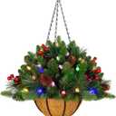 18 Inches Pre-lit Artificial Christmas Hanging Basket with Red Berries, Pine Cones,40 C3 Dual-Color Multi-Functional Battery Operated LED Lights with Timer