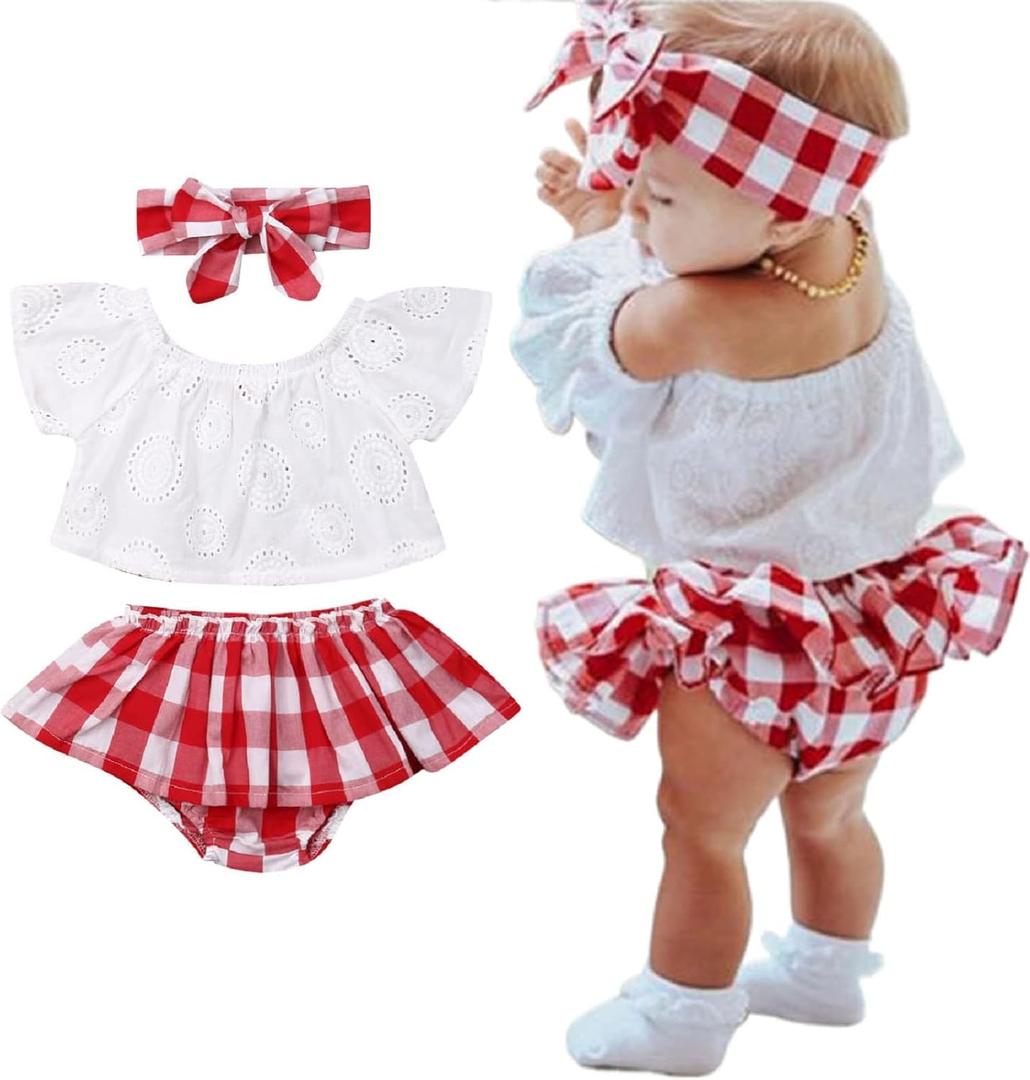 LXXIASHI 3PCS Baby Girl Summer Outfits Cold Shoulder Lace Crops Top + Plaid Skirts Bloomer Shorts + Headband Sets (6-12 Months, White Red)
