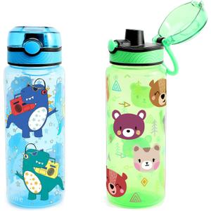 23oz Kids Water Drinking Bottle 2 Pack - BPA Free, Auto Push Button, Chug Lid, Carry Loop Lightweight, Spill-Proof Water Bottle with Cute Design For Girls & Boys - Dinosaur & Bear