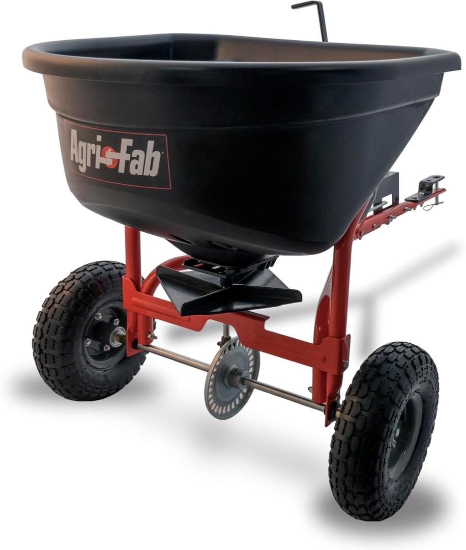 Agri-Fab 45-0527 110 lb. Tow- Behind Lawn & Garden Broadcast Spreader for Seed,Fertilizer,Salt,Ice Melt; Easy to use Flow Control from Seat of Riding Lawn Mower, 110lb Capacity