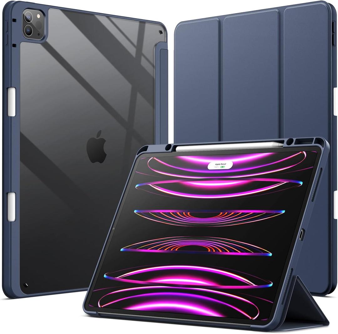 JETech Case for iPad Pro 12.9-Inch (2022/2021/2020/2018) with Pencil Holder, Clear Transparent Back Shell Slim Stand Shockproof Tablet Cover, Auto Wake/Sleep (Navy Blue)