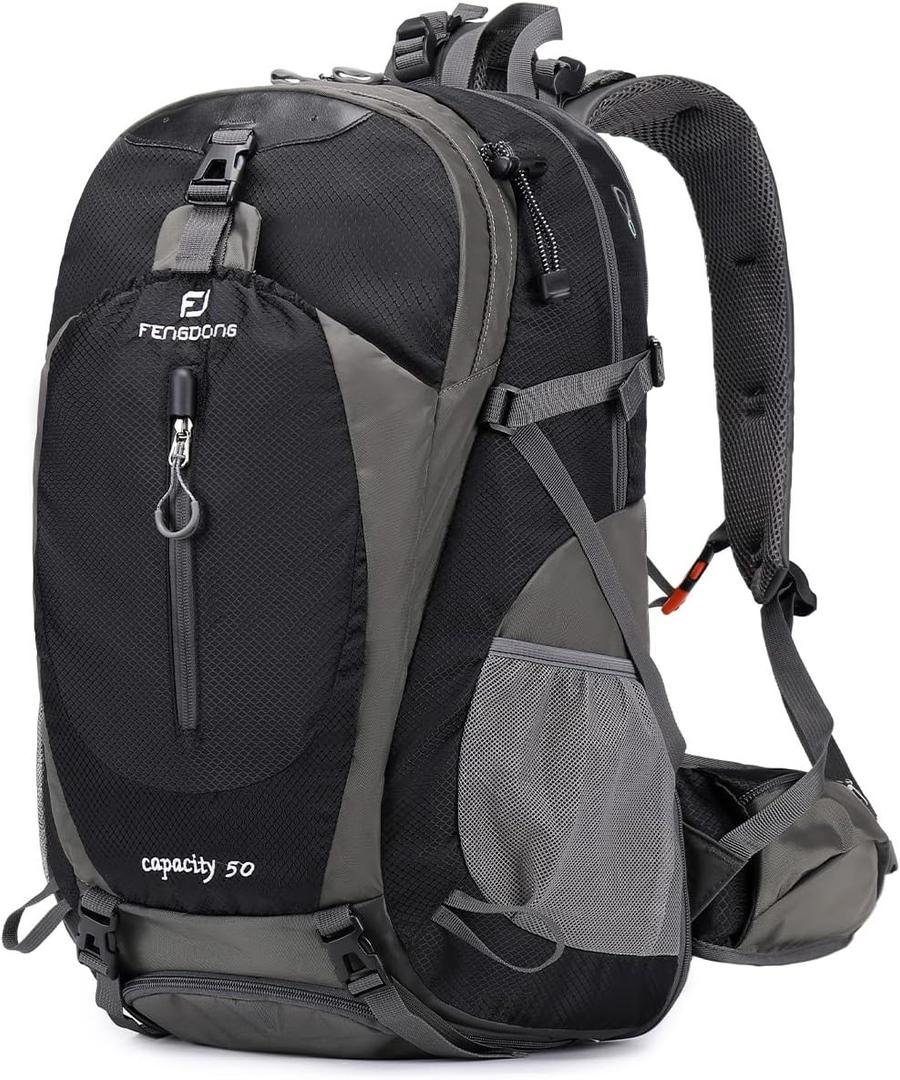 FENGDONG 50L Waterproof Lightweight Expandable Hiking,Camping,Travel Backpack with Shoes Compartment for Men Women Black