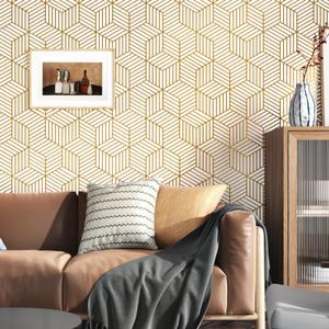 WallDerful Peel and Stick Wallpaper Gold and White Geometric Hexagon Self Adhesive Decorative Roll Waterproof Wallpaper Gold Stripes Geometric Wall Papers Countertop Contact Paper 17.7" x 118"