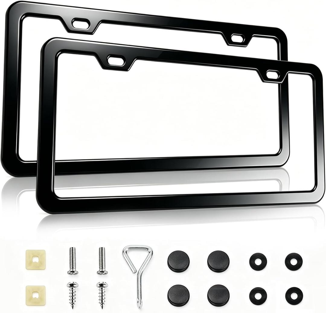 2-Pack License Plate Frames, Universal Black Aluminum Licence Plate Frame Holder, 2-Hole Narrow Slim Design Holder with Screws & Caps, Universal Fit for Cars, Trucks, Various Vehicles