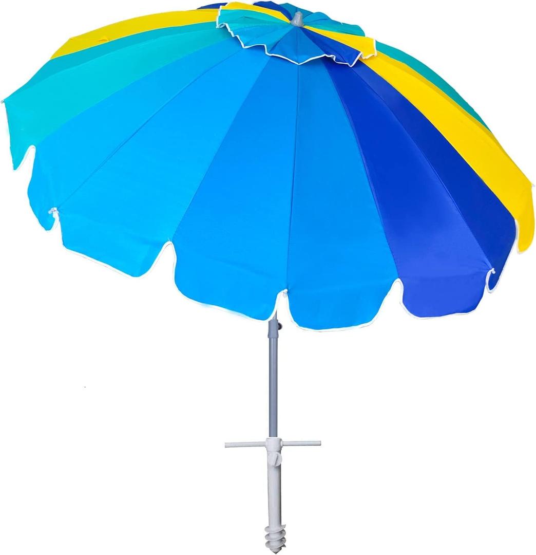 AMMSUN 7.5ft Heavy Duty HIGH Wind Beach Umbrella with sand anchor Vent Tilt Portable Sun Shelter, UV 50+ Protection Outdoor Sunshade Umbrellas Carry Bag for Patio Garden Pool Backyard Multicolor Blue