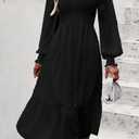PRETTYGARDEN Women's Fall Dresses 2025 Long Sleeve V Neck Swiss Dot Empire Waist Chiffon Dress Ruffle Smocked Midi Dresses (Black, L)