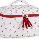 Prite Large Makeup Bag for Women Quilted Floral Cotton Cosmetic Bag Cute Coquette Aesthetic Floral Travel Toiletry Bag (Red Berries)