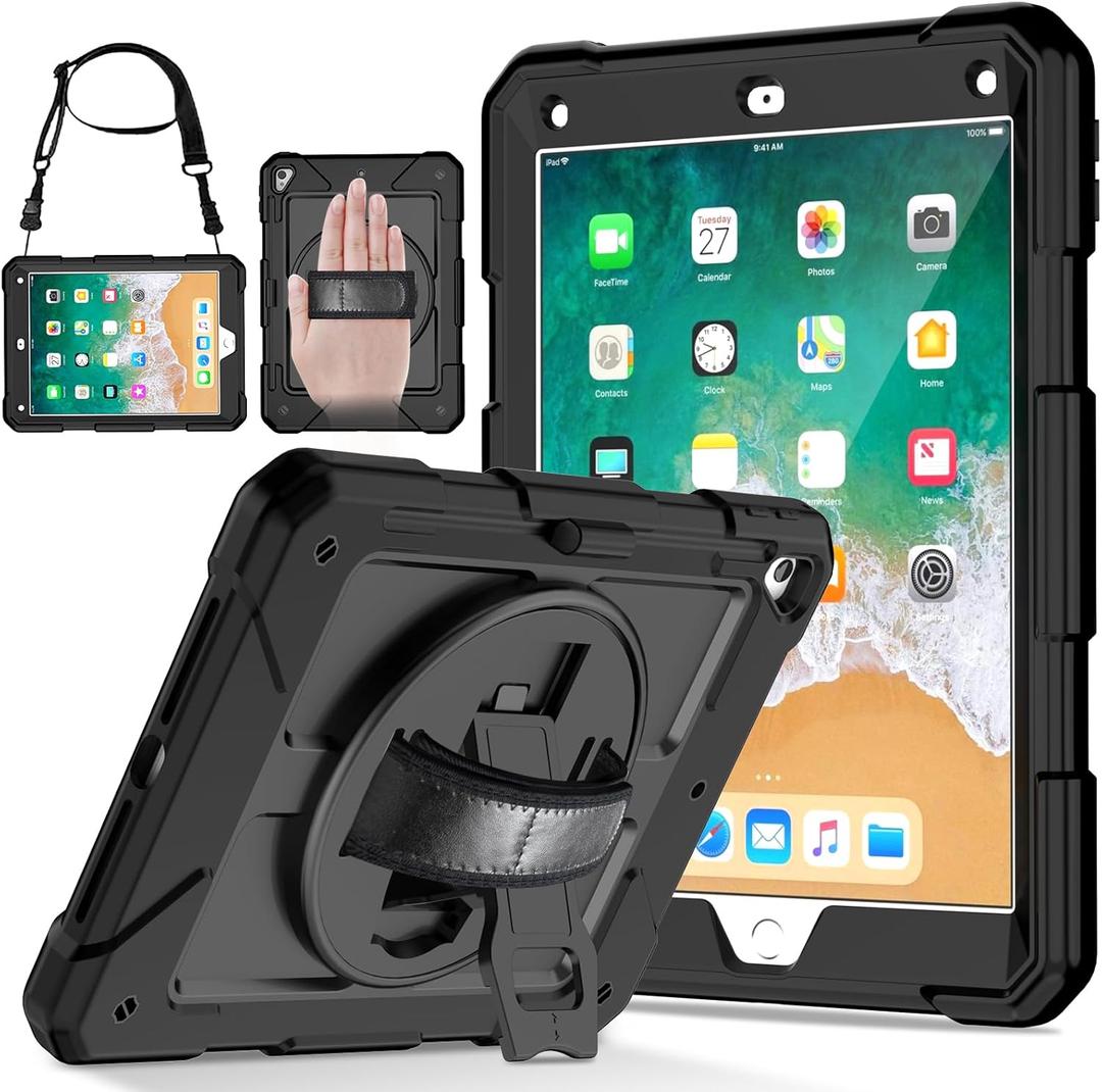 LTROP iPad 6th Generation Case, iPad 5th Generation Case, iPad Air 2 Case, iPad 9.7 Case for Kids, Shockproof 9.7 inch iPad Case with Rotating Stand/Hand Strap/Pencil Holder for iPad 2018/2017 - Black