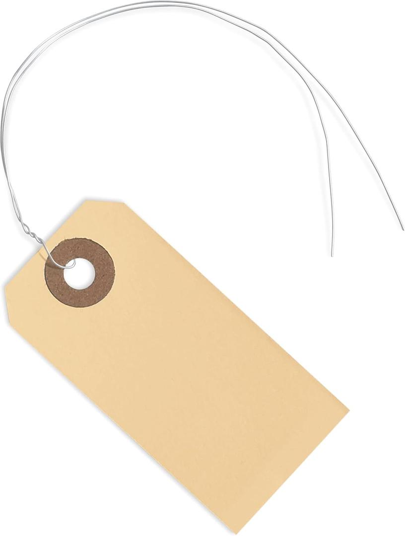 100 Manila Shipping Tags with Wire Attached #1-2 3/4 x 1 3/8 - Small Paper Hang Labels with Metal Ties and Reinforced Hole, Pre-Wired Tags to Tie On