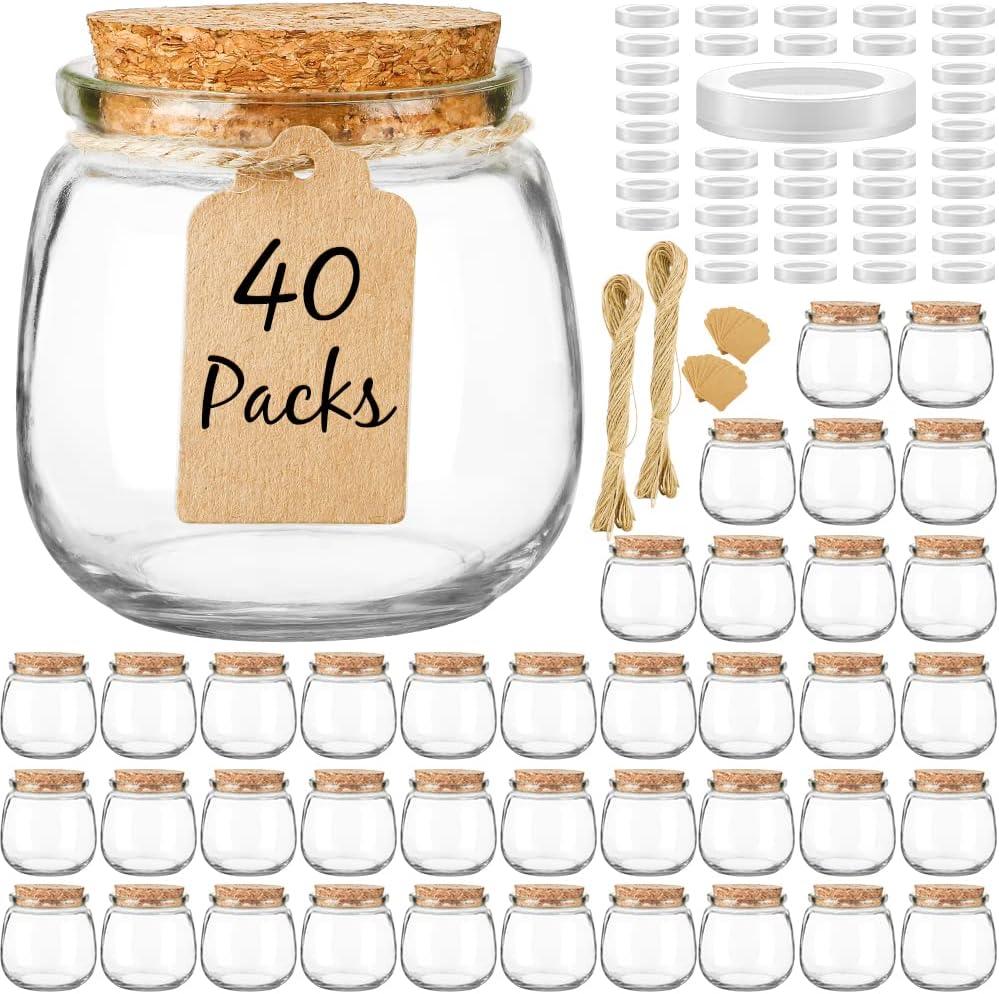 Syntic 40 Pack Small Glass Jars with Cork Lids, 7oz Empty Mason Jars for Making Candles, Yogurt Container with PE Lids for Wedding Favors, Baby Shower, Candy, Spices with Twine, Labels