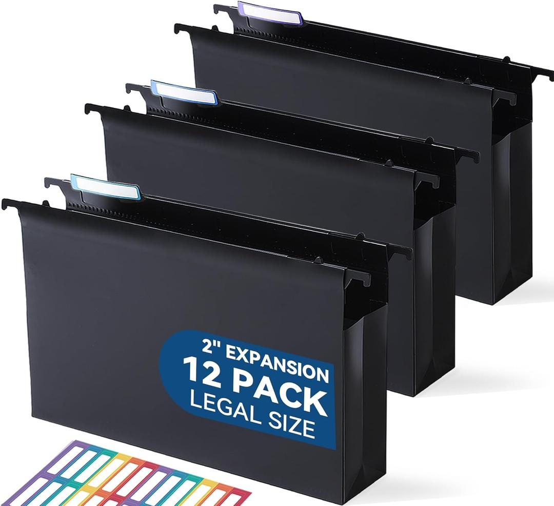 Plastic Extra Capacity Legal Size Hanging File Folders, 2" Expanding Pocket, Heavy Duty for Filing Cabinet, Insertable 1/5-Cut Tabs - 12 Pack (Black)