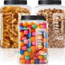 Ziliny 3 Pcs 1 Gallon Clear Plastic Jar with Lid Wide Mouth Square Screw Top Food Storage Containers, PET Plastic Empty Grip Jar Canisters for Candy Cookies Kitchen Food Safe(Black Lid)