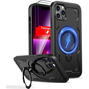 for iPhone 13 Pro Case Magnetic Compatible with MagSafe,with 2 Tempered Glass Screen Protectors,Built-in 360Kickstand Ring,Phone Heavy Duty Protection Military Grade Shockproof Rugged Black