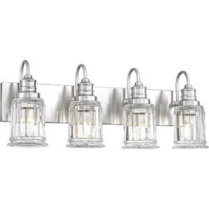 Brushed Nickel Bathroom Light, HWH 4-Light Vanity Lights for Bathroom Vanity Sconce Over Mirror, Wall Mounted Light Fixtures with Bell-Shaped Striped Glass, 5HZG106B-4W BN