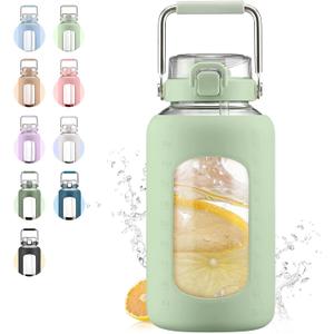 WINSA 84oz Glass Water Bottle with Stainless Steel Handle,2.5L Gallon Water Bottle with 2-IN-1 Straw Lid, Silicone Sleeve and Motivational Capacity Marker, Wide Mouth Water Jug For Gym, Workout, Green