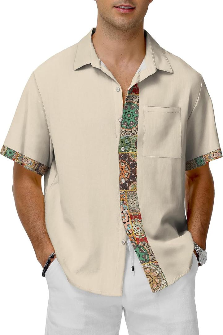 KYKU Hawaiian Shirt for Men: Tropical Summer Beach Short Sleeve Button Down Shirt with Pocket (Beige, S)