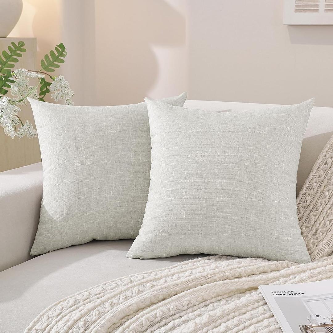 2 x SYSLOON Faux Linen Pillow Covers 20x20 Inch Set of 2, Boho Pillow Covers Couch Pillow Covers Farmhouse Pillow Covers for Living Room Sofa & Bed,Beige White