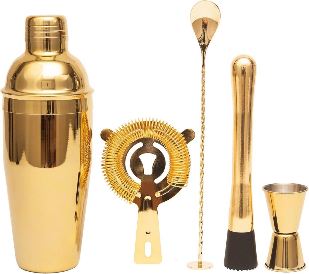 Cocktail Shaker Set Bartender Kit,5 Piece Bar Set Stainless Steel Bar Tools Set for Professional Bartender and Home, Gold, 5-Piece