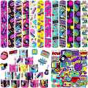 Sinmoe 86 Pcs 80s 90s Party Favors Slap Bracelets Bulk Back to 80s Throwback Theme Party Favors Snap Bracelets with Retro Stickers for Adults Decorations