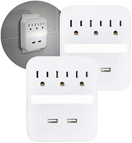 GE Pro 2-USB Port 3-Outlet Extender with Night Light, 2 Pack, Surge Protector, Charging Station, Dusk to Dawn Sensor, Automatic Shutdown, 440 Joules, 2.4 AMP/12 Watt, UL Listed, White, 50049