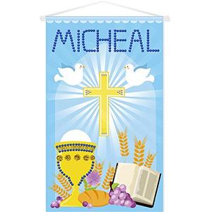 First Communion Banner Kit Door Hanging Decor with 2 Sheets of Diamond Stickers for Boys and Girls Decoration Set, 12 x 20 Inch (Blue Style)