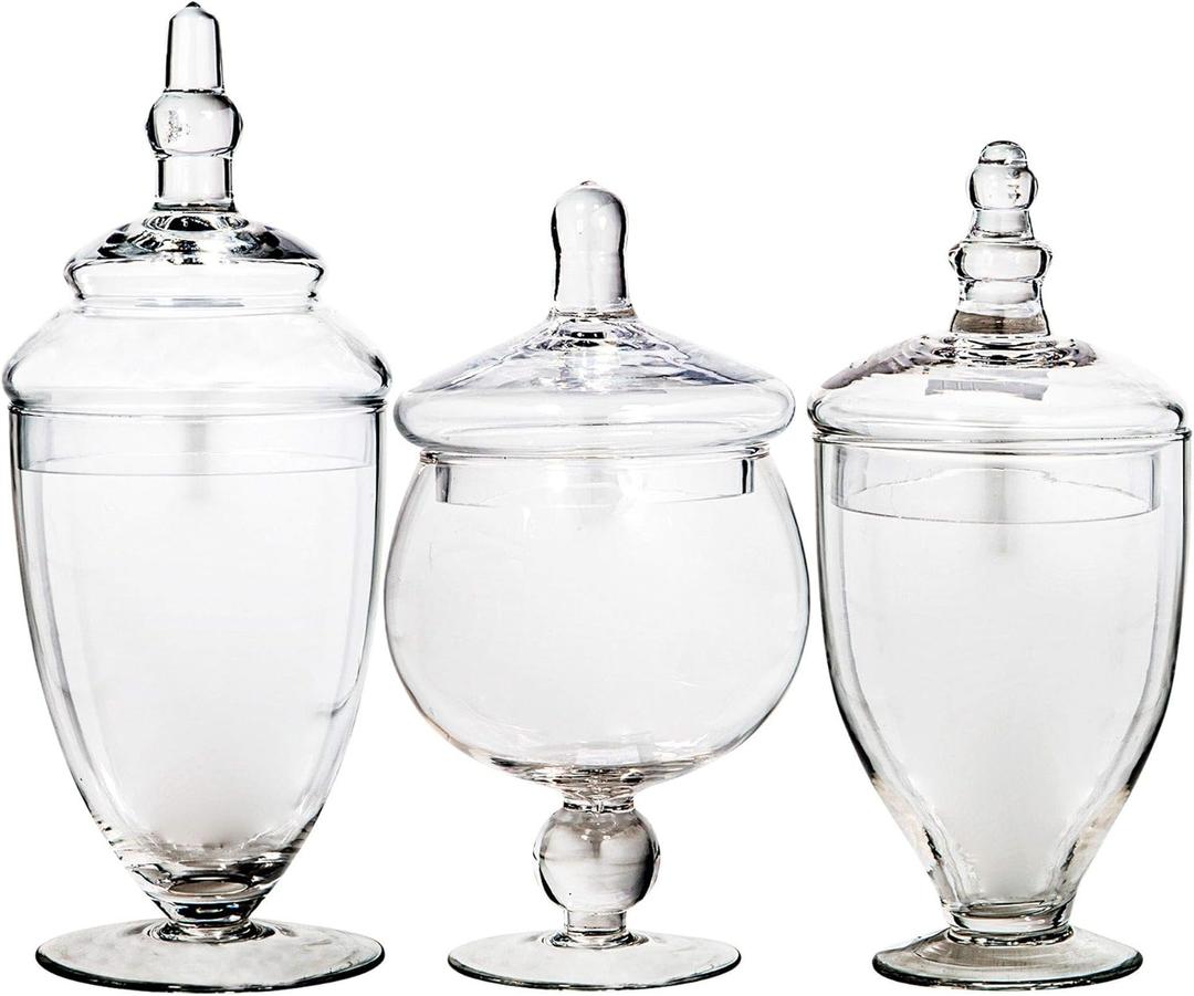 Small Apothecary Jars with Lids Set of 3, Home Essentials & Beyond, for Candy Buffet, Glass decor, Laundry Room, Potpourri, and Bathroom Jars