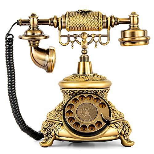 WICHEMI Vintage Phone Retro Rotary Dial Phones Landline Telephone Old Fashion Antique Phone Old School Telephones for Home Office Cafe Bar Star Hotel Decor (Golden)