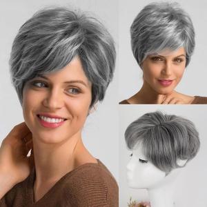 SCENTW Short Grey Pixie Cut Hair Toppers for Women with Thinning Hair Clip in Hairpiece Synthetic 360 3D Short Hairpiece for Women with Bangs(Grey Mix White)