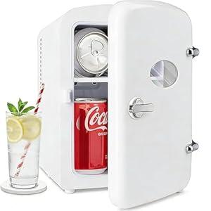 Simple Deluxe 4 Liter/6 Can Mini Fridge with Observation Window, Compact Freon-Free Small Refrigerator, Portable Cooler & Warmer for Skincare, Beverage, Food, Cosmetics, White