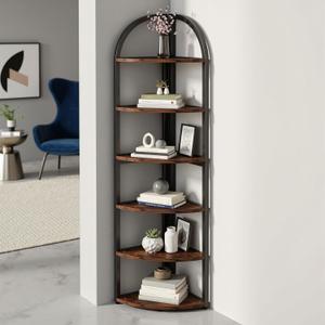 6-Tier Bookshelf with Shelves, 72" Tall Corner Bookcase Industrial Wood and Meatl Book Shelf Corner Bookshelf Storage Book Case for Living Room, Bedroom, Office, Brown & Black