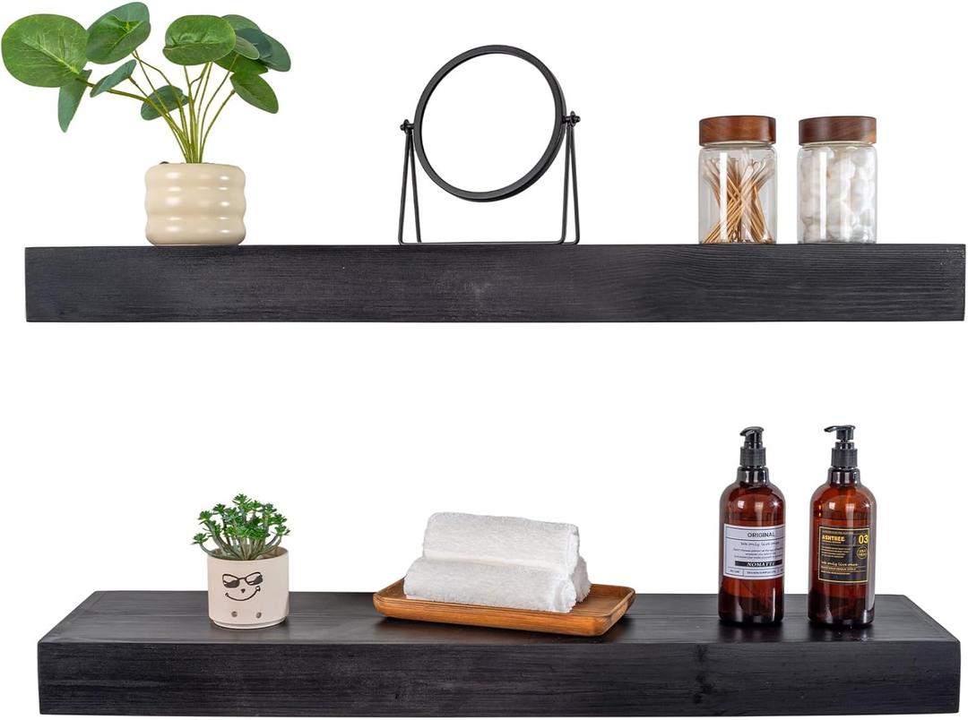 Floating Shelves 3 inch Thick for Wall Set of 2,Solid Pine Wood Wall Mount Shelf for Kitchen Living Room Bedroom Bathroom,8" D x 36" L x 3" H-Black
