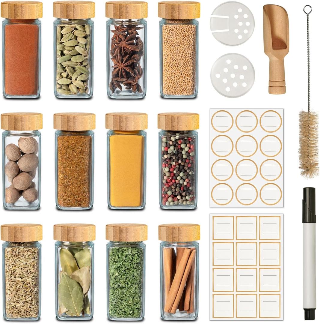 12Pcs Glass Spice Jars with Label - Square Spice Containers 4 oz - Includes Cleaning Brush & Wooden Spoon - Seasoning Jars
