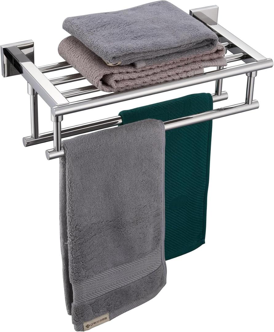KOKOSIRI Bathroom Towel Rack Towel Holder 16 Inch Bath Towel Shelf with Double Towel Bars Wall Mounted, Polished Chrome Stainless Steel B6005CH-L16