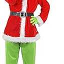 Green Monster Costume Christmas Adult, Halloween Outfit for Woman Men, Green Costume Santa Claus Cosplay 7PCS