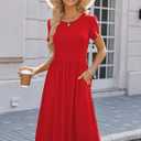 HOTOUCH Women's Summer A-Line Midi Dresses 2026 Casual Floral Short Sleeve T-Shirt Dress Flowy Beach Sundress with Pockets (Red)