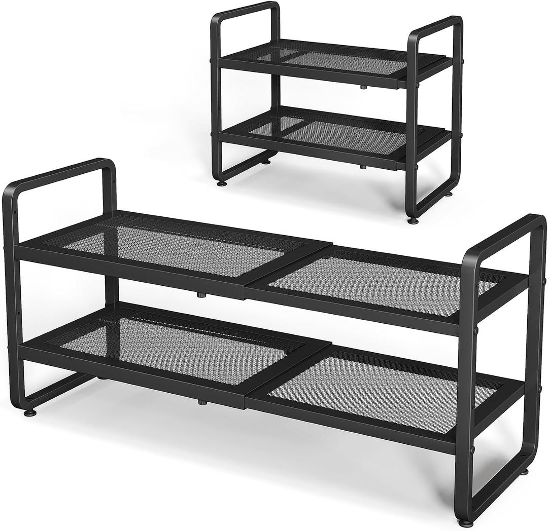 SNTD Shoe Rack - Expandable Shoe Organizer for Closet, Adjustable Metal Shoe Shelf Storage, Stackable Long Shoe Stand Holder for Garage, Entryway, Door Entrance (Black, 2-Tier)