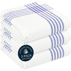 Indigo Blue and White Waffle Kitchen Towels 3 Pack, 16x26 Inch, 100% Cotton, Absorbent & Quick Dry Dish Towels, Soft & Durable Cloths for Cooking, Drying, Cleaning, Machine Washable