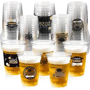 50 Pack Graduation Decorations Class of 2026, 16 Oz Black and Gold Clear Plastic Cups Disposable Party Cups for Drinks 2026 School Grad Party Favors Supplies