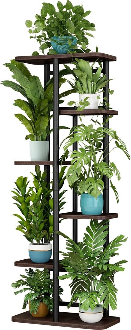 LINZINAR Plant Stand 6 Tier 7 Potted Indoor Plant Shelf Multiple Stands for Garden Corner Balcony Living Room (Black Oak)