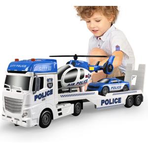 Dwi Dowellin Toddler Boy Toys for 3 4 5 6 Year Old, 25" Semi Truck Toy with Racing Car and Helicopter  Police Toys,Birthday Gifts for Kids Child 2 3 4 5 6 Years Old