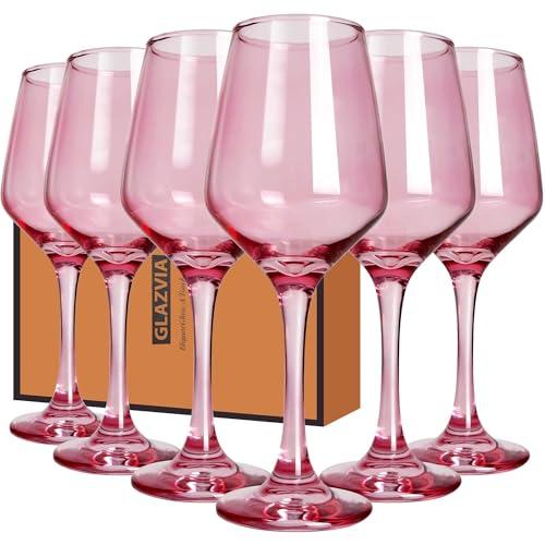 GLAZVIA Pink Wine Glasses Set of 6, 12oz Stemmed Glasses, Thick & Colored, Dishwasher Safe Stemware for Red or White, Gift for Party, Holiday, Anniversary, Restaurant, Home Bar, Daily Use