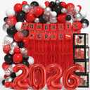 Graduation Decorations Class of 2026: Red and Black Graduation Balloon Garland Arch Kit with Gongrats Grad Banner, Letters Foil Curtains Backdrop,Congrats Grad Boxes