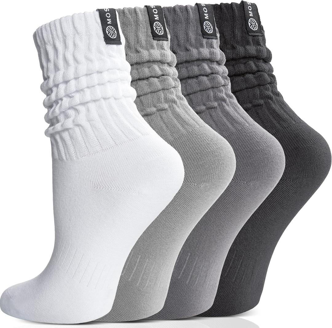 Scrunch Cotton Socks, Slouch Calf Thin Breathable Soft Socks for Women and Men, 4 Pairs (Large, Gray Mixed)