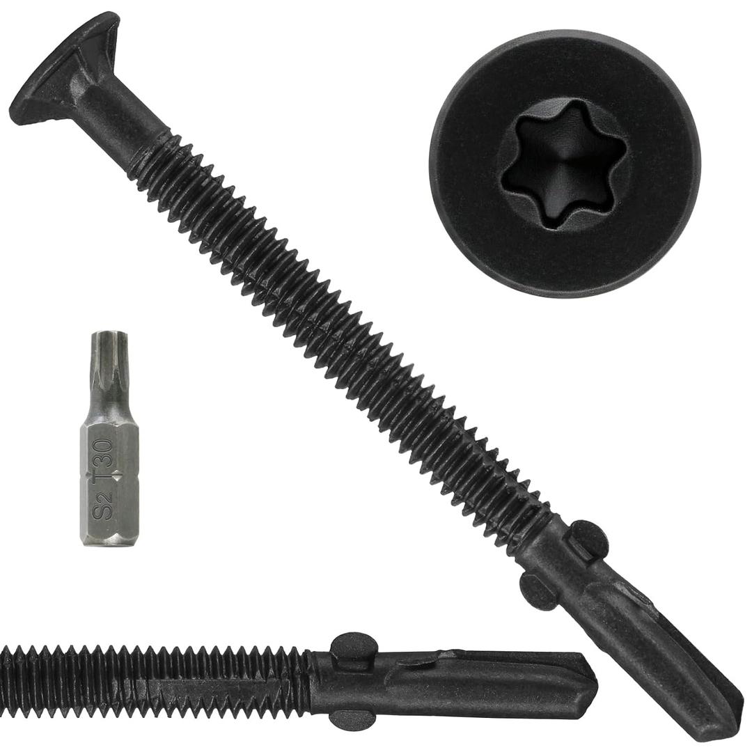 FMhotu #14 x 3-1/4" Trailer Deck Screws, Self-Tapping Sheet Wood Metal Screw, 161Pcs T25 Star Bits Reamer Tek Screws for Trailers, for Attaching Wood to Steel(Black)