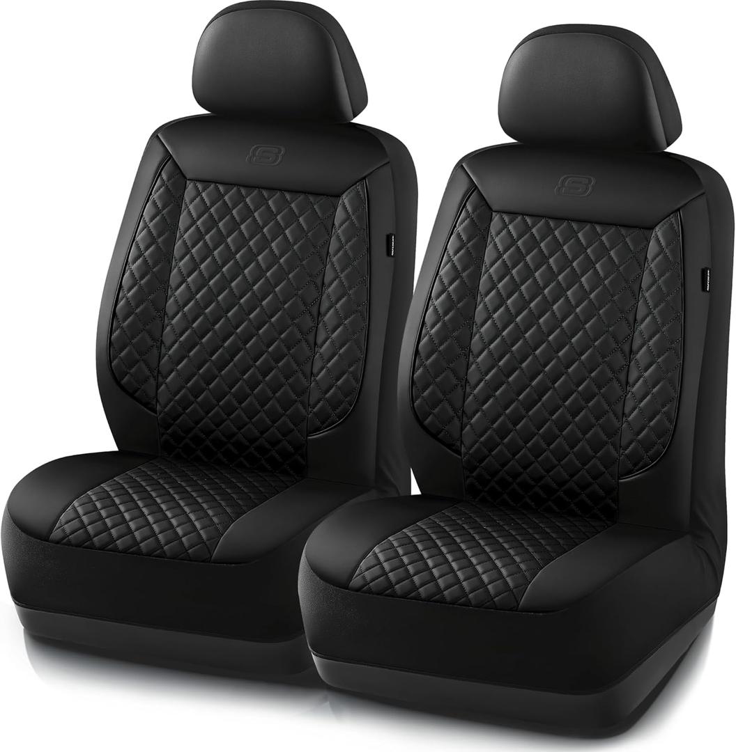 Skechers Car Seat Covers, Piping Luxury Faux Seat Covers, Waterproof Anti Slip Car Seat Protector Front Seats, Car Accessories Airbag Universal Fit for 95% Cars, Vans, Trucks, SUV, Black