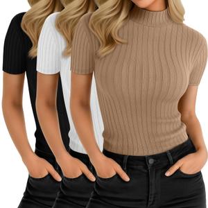 3 Pack Women Mock Turtleneck Shirts Short Sleeve Ribbed Lightweight Basic Layering Cotton Tops Slim Fit Tunic Tees (Medium, Khaki, White, Black)