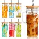 6 Pack Glass Tumbler Cups with Handle, 24oz Bubble Tea Cup with Bamboo Lid& Wide Straws,Reusable Mason Jars with Wide Mouth Iced Coffee Cup, Drinking Glasses for Smoothie,Bubble Tea
