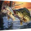 QIXIANG Fish Canvas Wall Art - Sunset Largemouth Bass Fish Jumping out of the Water Picture Prints for Nature Lovers - Bedroom Decor (16.00" x 24.00")