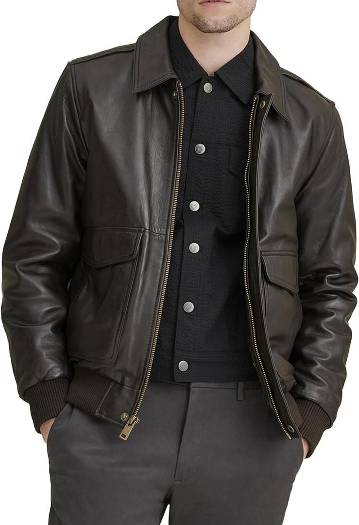 Crafter Men's Classic A2 Aviator WWII Flying Tiger Leather Jacket - Pilot Bomber Leather Jacket With Shirt Collar For Men (Brown, XL)