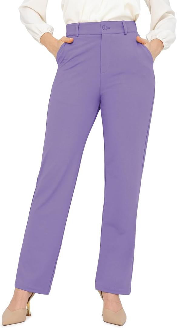Bamans Dress Pants Women Work Business Pants Tummy Control Office Straight Leg Trousers High Waisted Ladies Slacks Petite 29" Inseam Medium